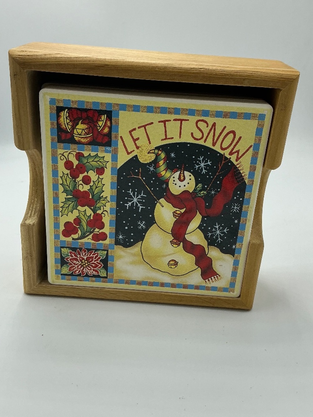 Christmas Snowman Coaster Set of 4 Let It Snow Wooden Holder Holiday Decor